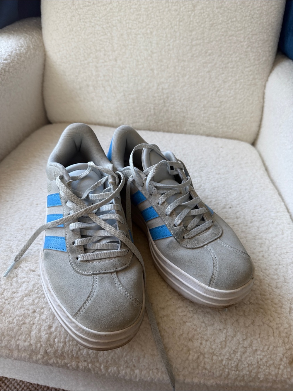 adidas platform Light Gray Suede Sneakers with Blue Stripes